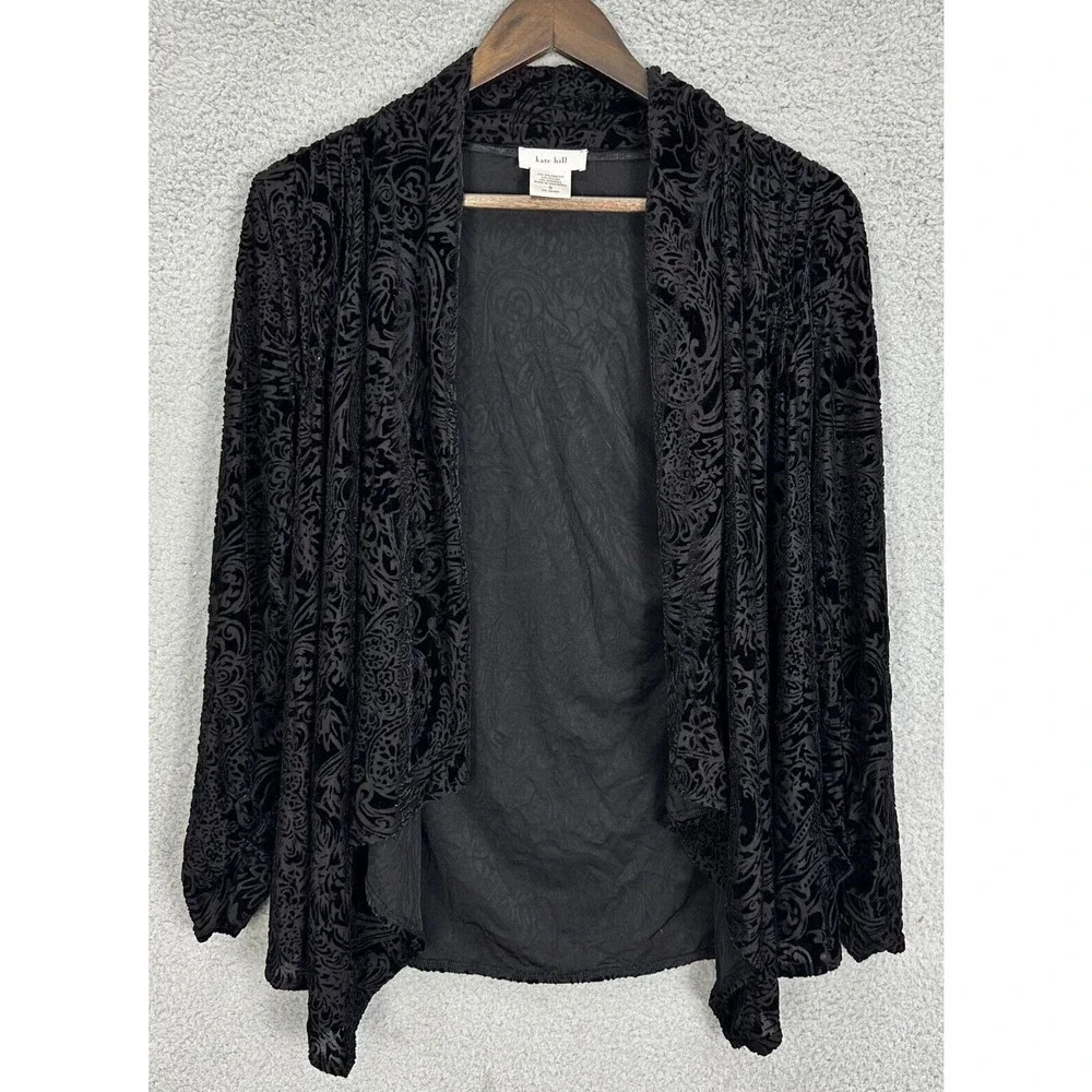 Kate Hill Cardigan Women Small Black Velvet Open Front Whimsigoth‎ Dark Feminine